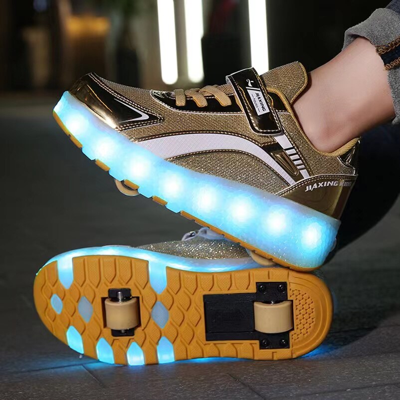 골드 소년 소녀 두 바퀴 빛나는 운동화 Led 라이트 롤러 스케이트 신발, 어린이용 USB 충전 신발, 라이트 업 29-40
